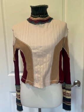 Free People Teal & Cream Textured Knit Sweater